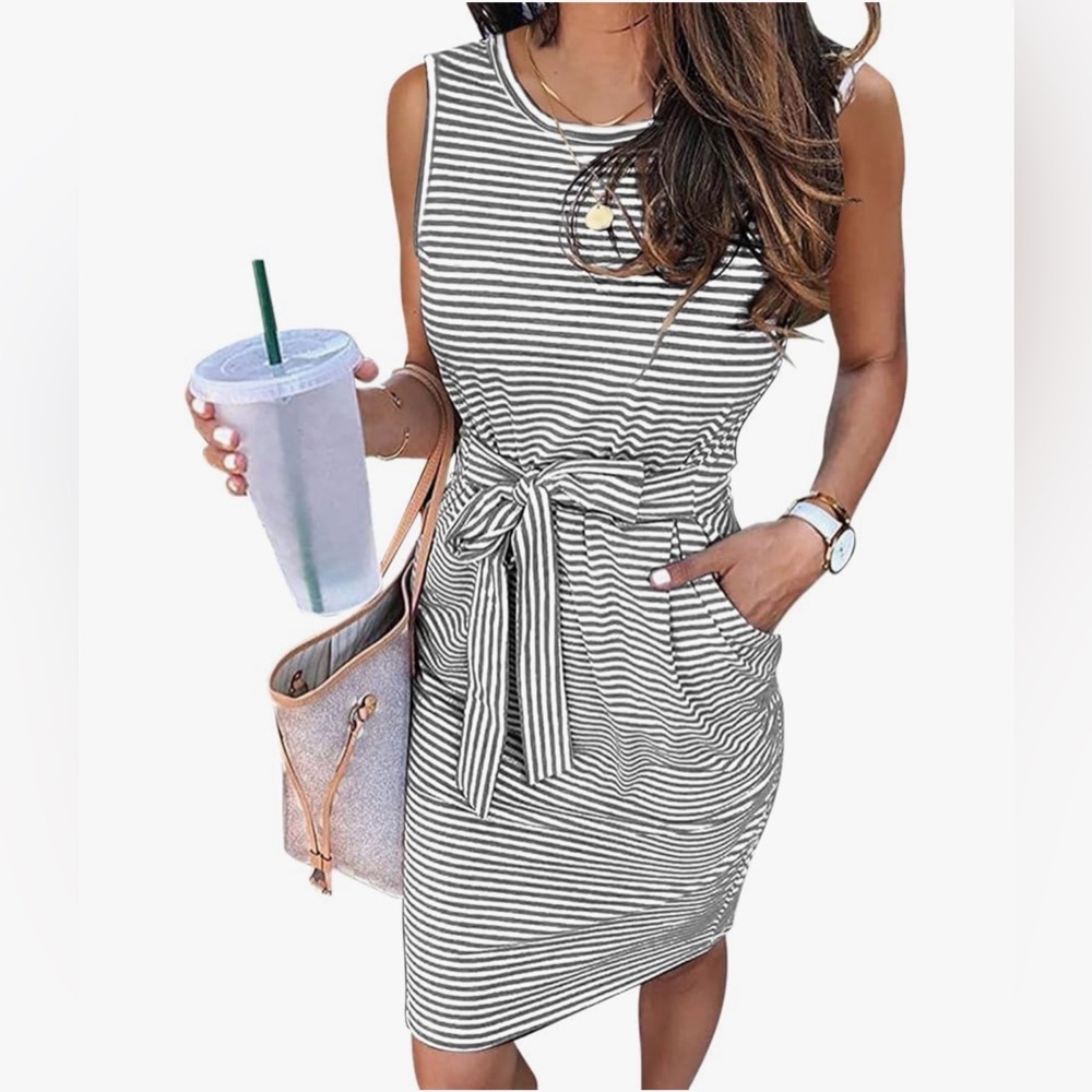 MEROKEETY Sleeveless Striped T Shirt Dress Crew Neck Tie Waist Mini Dress M